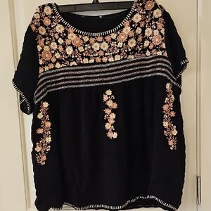 Floral Embroidered Black Top